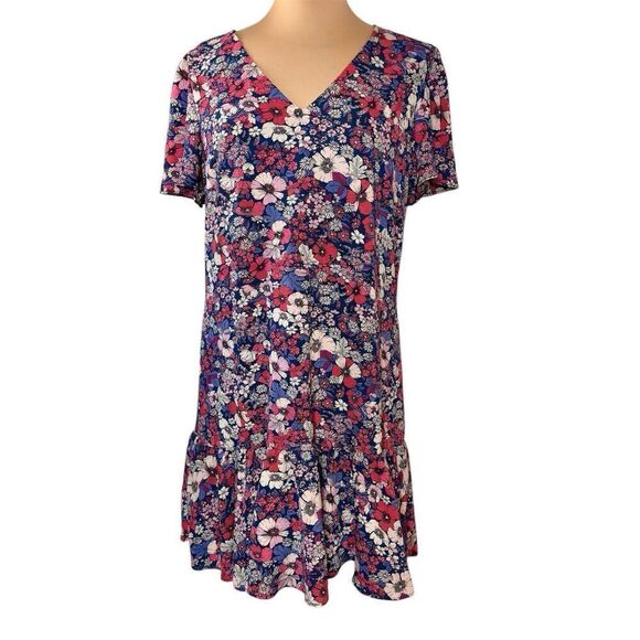 BCBG Paris Sz L Retro Floral Short Ruffle Short Dress V-Neck Lined Romantic Chic - Picture 2 of 16